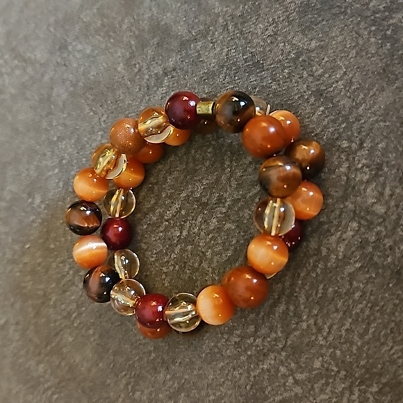 Vintage Earth Tone Glass Cat's Eye Beaded Two Strand Stretch Bracelet - Picture 6 of 6